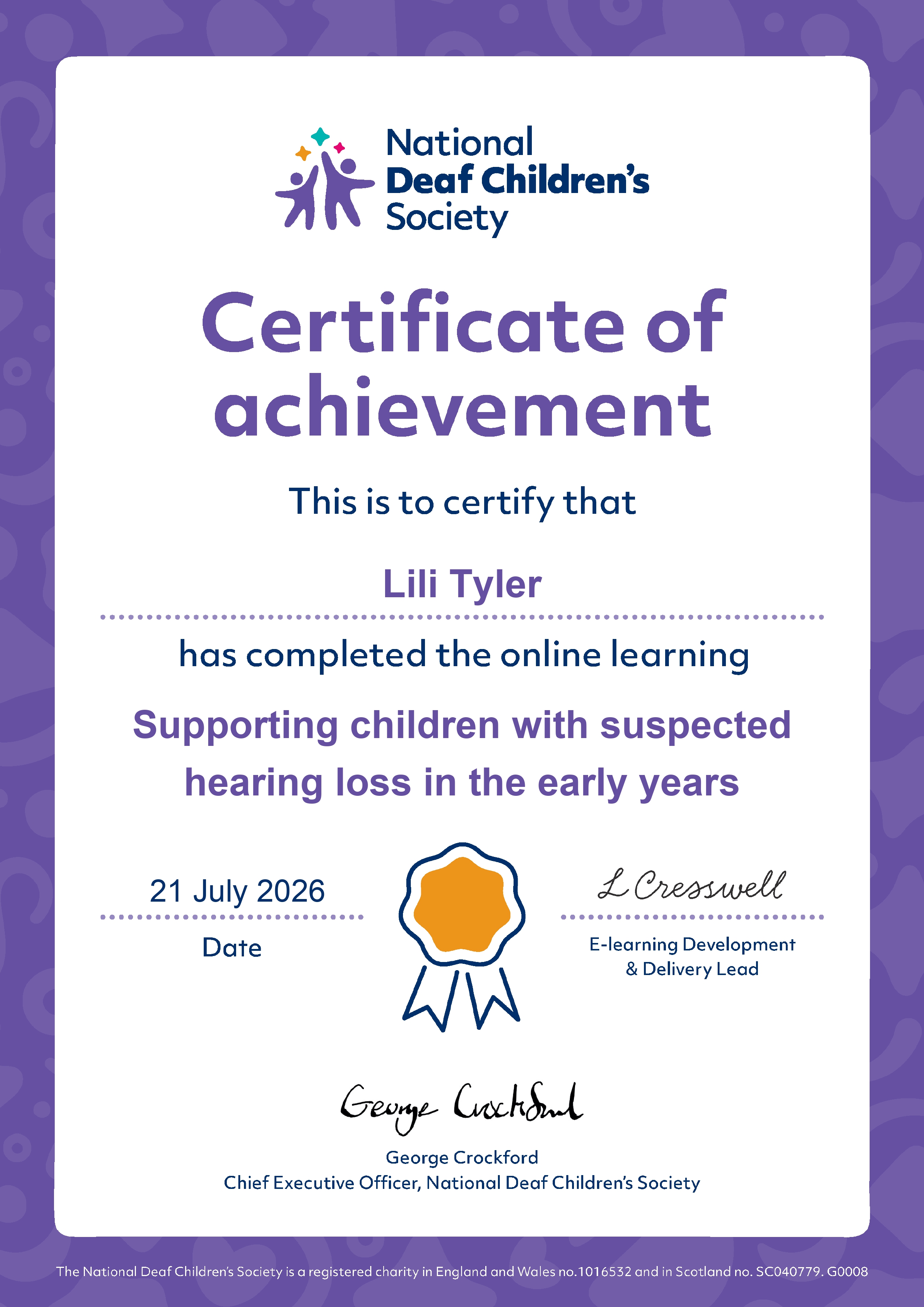 Certificate of achievement — Supporting children with suspected hearing loss in the early years